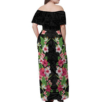 Hawaii Tropical Flowers Off Shoulder Maxi Dress Black Polynesian Tattoo Art