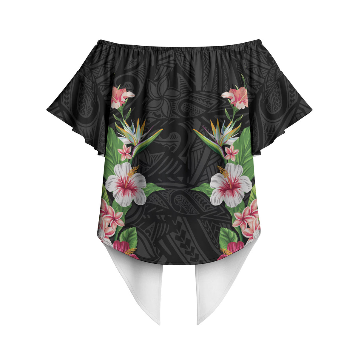 Hawaii Tropical Flowers Off Shoulder Wrap Waist Top Black Polynesian Tattoo Art LT05 - Polynesian Pride