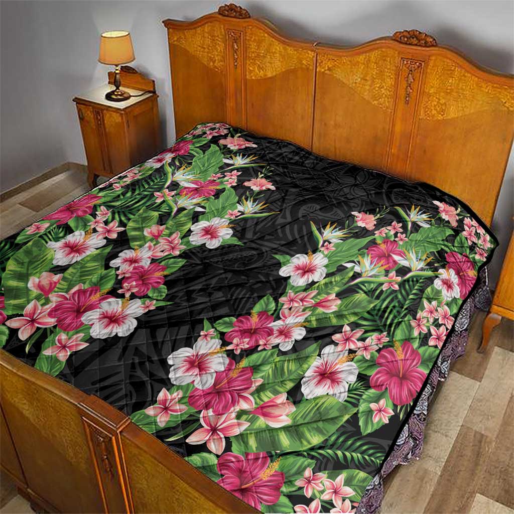 Hawaii Tropical Flowers Quilt Black Polynesian Tattoo Art