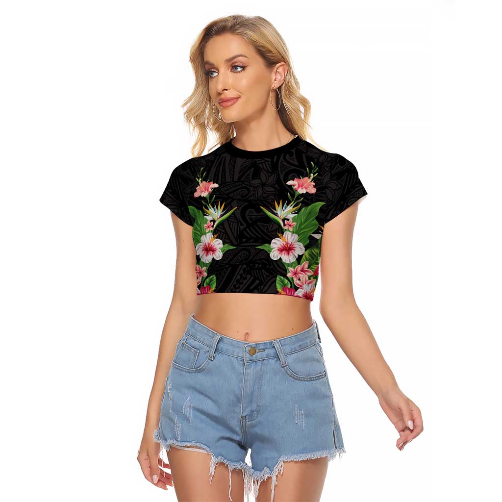 Hawaii Tropical Flowers Raglan Cropped T Shirt Black Polynesian Tattoo Art