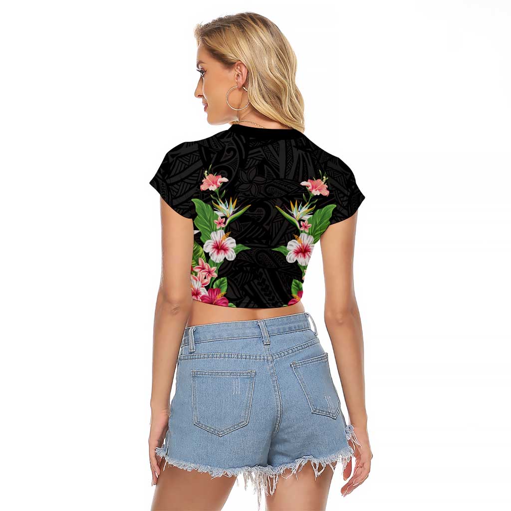 Hawaii Tropical Flowers Raglan Cropped T Shirt Black Polynesian Tattoo Art