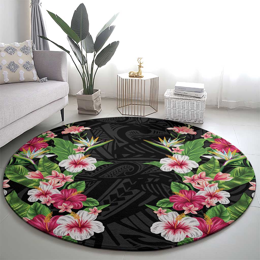 Hawaii Tropical Flowers Round Carpet Black Polynesian Tattoo Art
