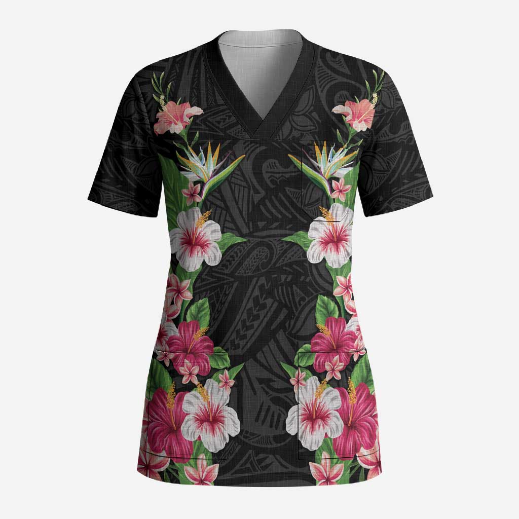 Hawaii Tropical Flowers Scrub Top Black Polynesian Tattoo Art
