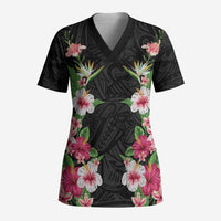 Hawaii Tropical Flowers Scrub Top Black Polynesian Tattoo Art