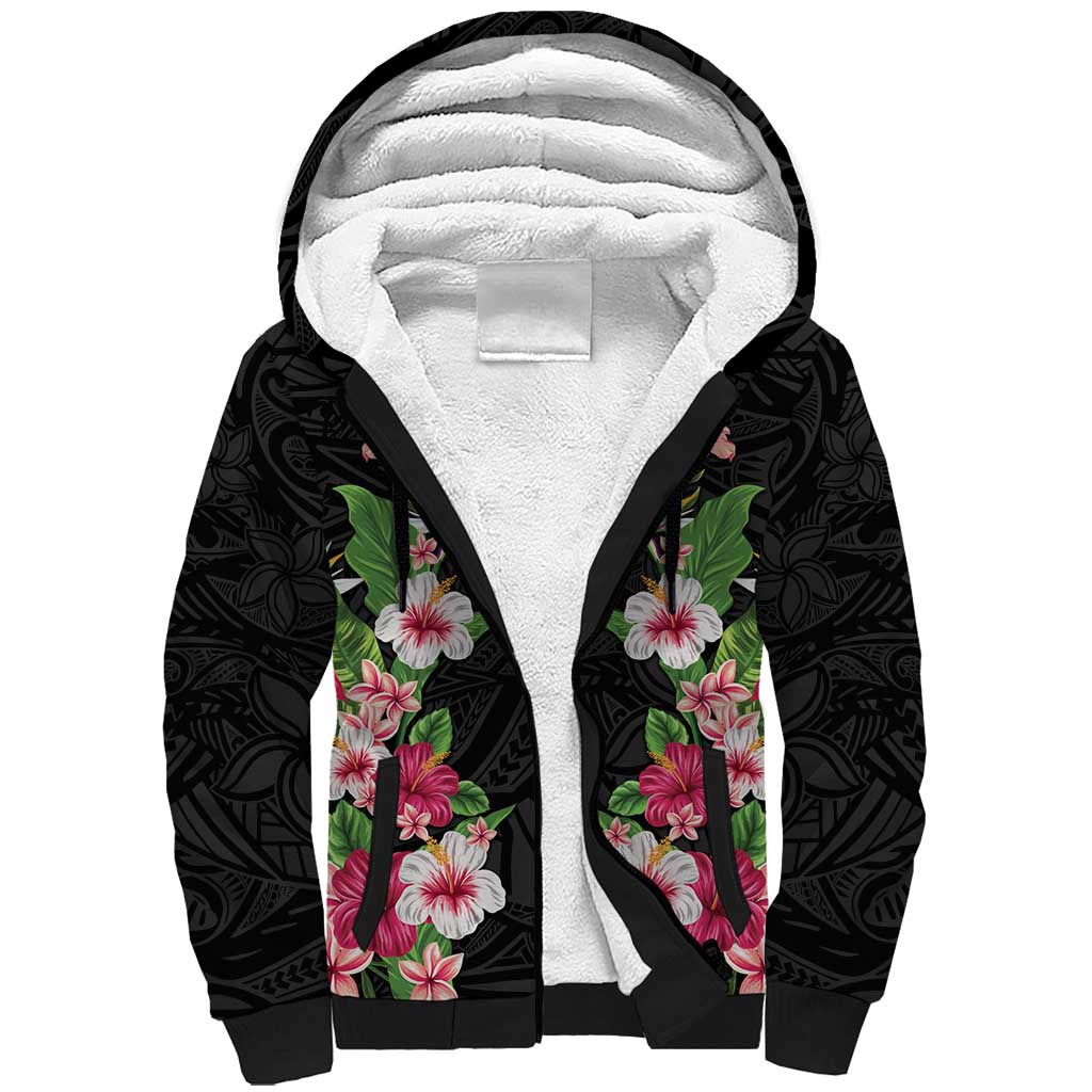 Hawaii Tropical Flowers Sherpa Hoodie Black Polynesian Tattoo Art
