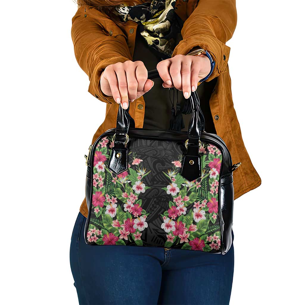 Hawaii Tropical Flowers Shoulder Handbag Black Polynesian Tattoo Art