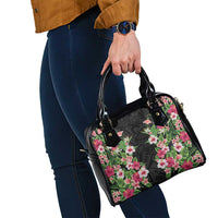 Hawaii Tropical Flowers Shoulder Handbag Black Polynesian Tattoo Art