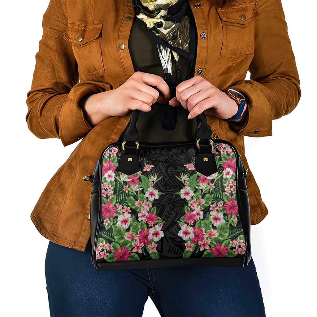 Hawaii Tropical Flowers Shoulder Handbag Black Polynesian Tattoo Art