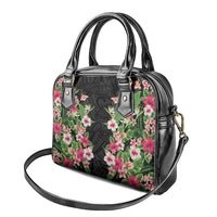 Hawaii Tropical Flowers Shoulder Handbag Black Polynesian Tattoo Art