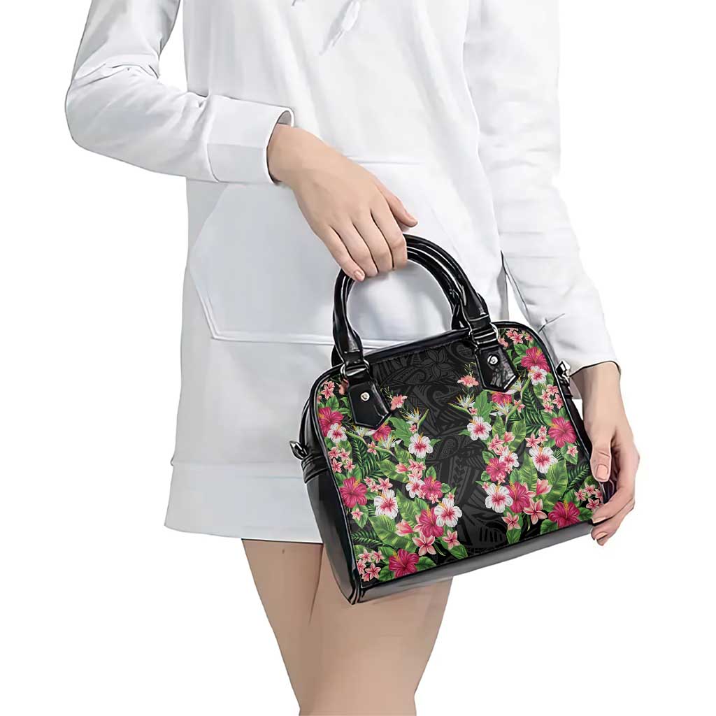 Hawaii Tropical Flowers Shoulder Handbag Black Polynesian Tattoo Art