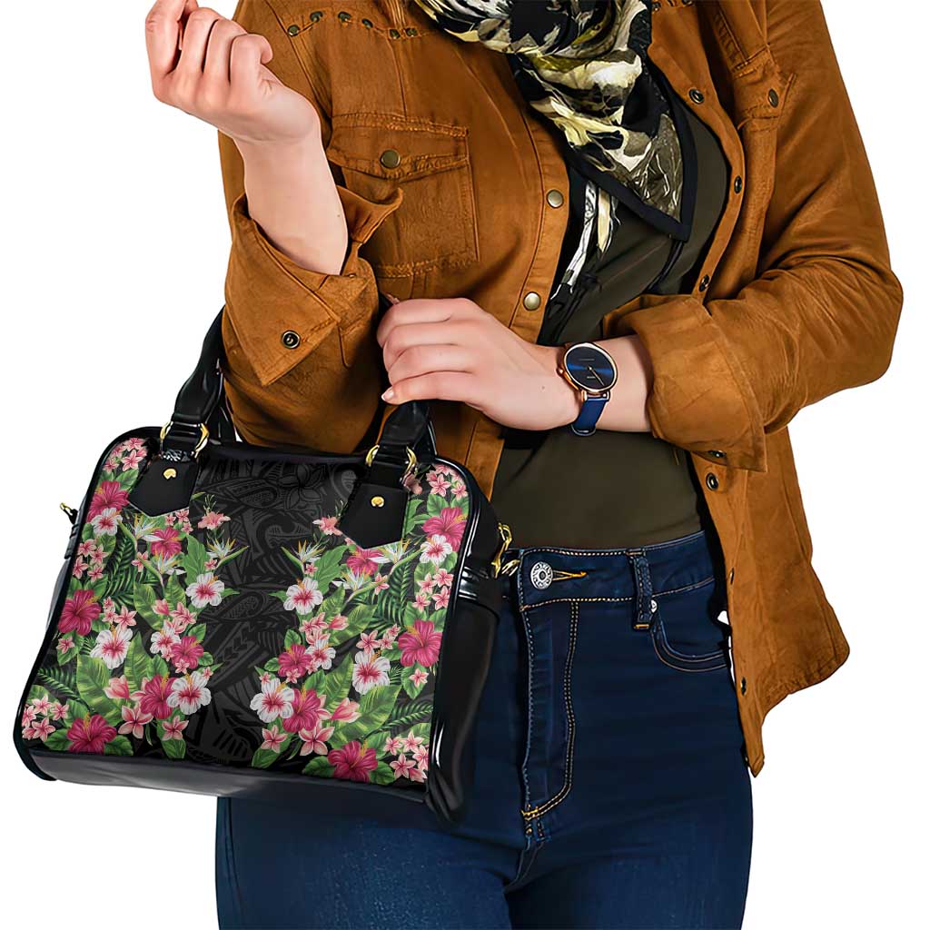Hawaii Tropical Flowers Shoulder Handbag Black Polynesian Tattoo Art