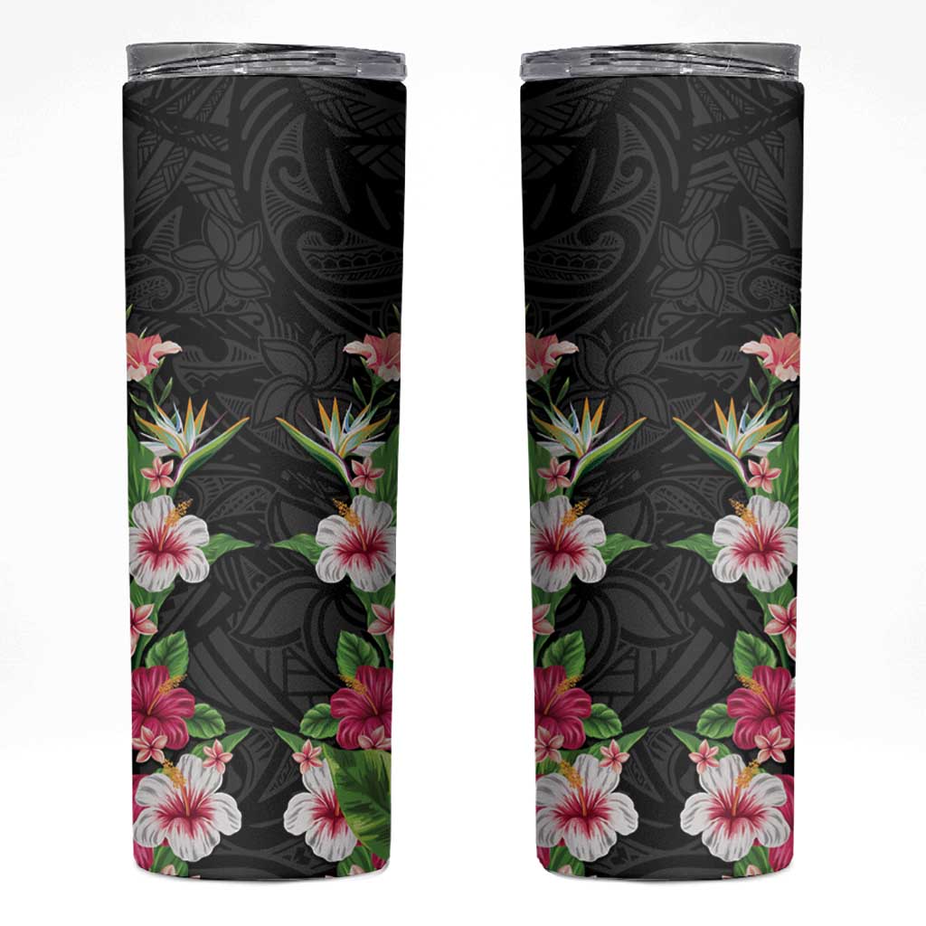Hawaii Tropical Flowers Skinny Tumbler Black Polynesian Tattoo Art
