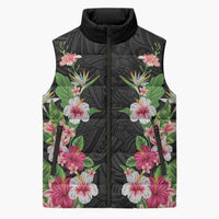 Hawaii Tropical Flowers Sleeveless Puffer Jacket Black Polynesian Tattoo Art