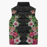Hawaii Tropical Flowers Sleeveless Puffer Jacket Black Polynesian Tattoo Art