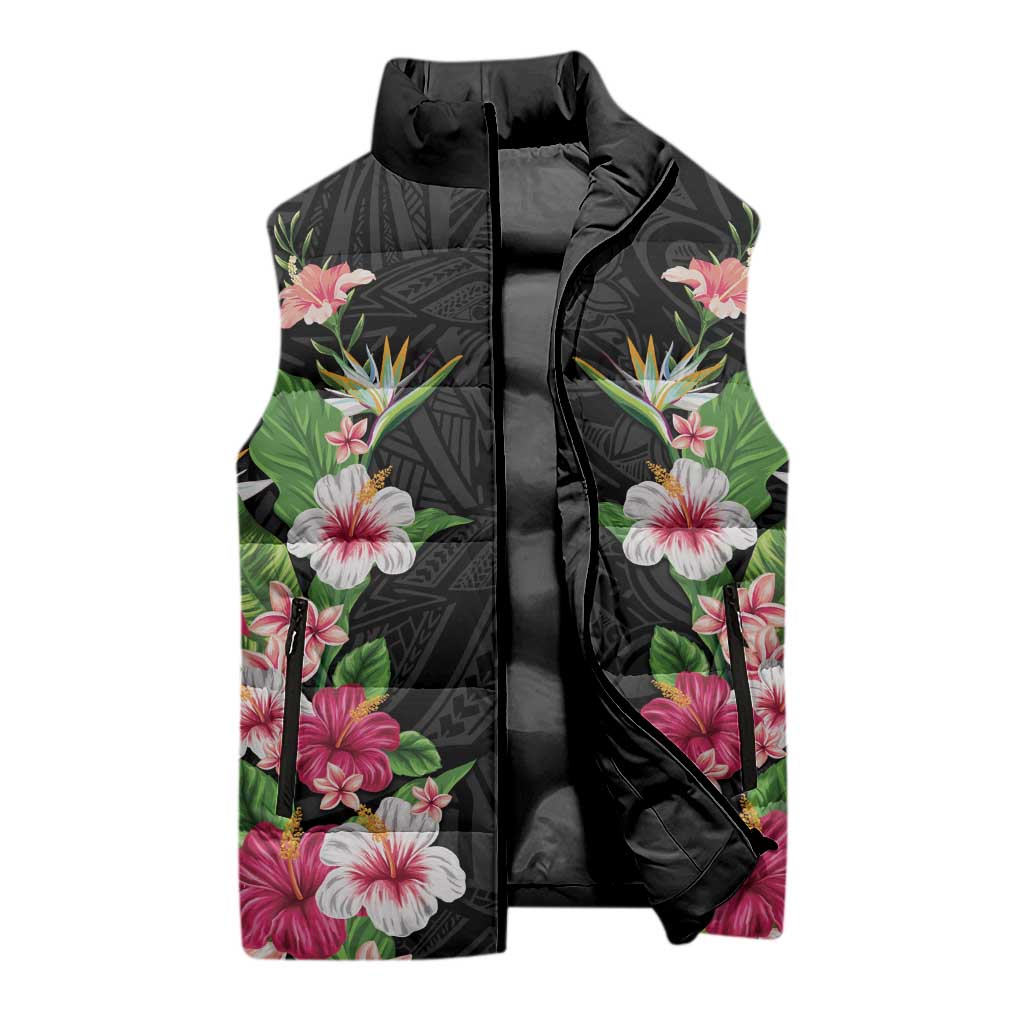 Hawaii Tropical Flowers Sleeveless Puffer Jacket Black Polynesian Tattoo Art