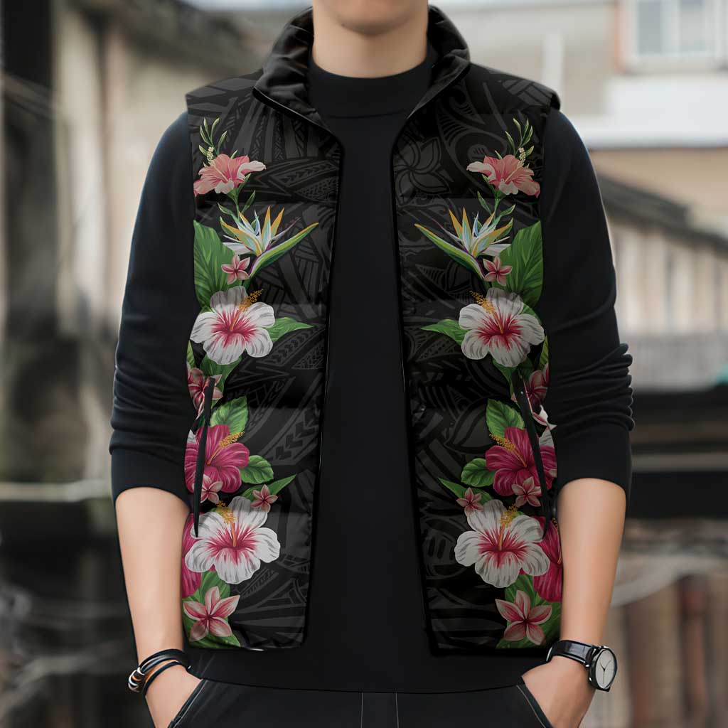 Hawaii Tropical Flowers Sleeveless Puffer Jacket Black Polynesian Tattoo Art