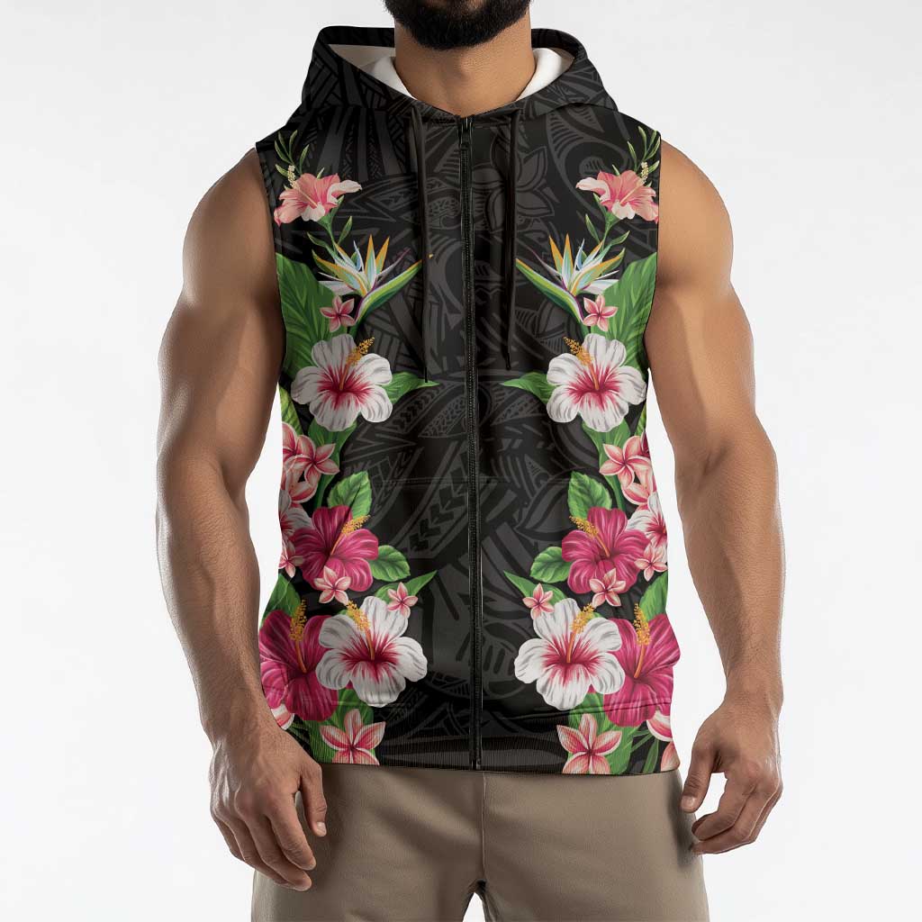 Hawaii Tropical Flowers Sleeveless Zip Hoodie Black Polynesian Tattoo Art