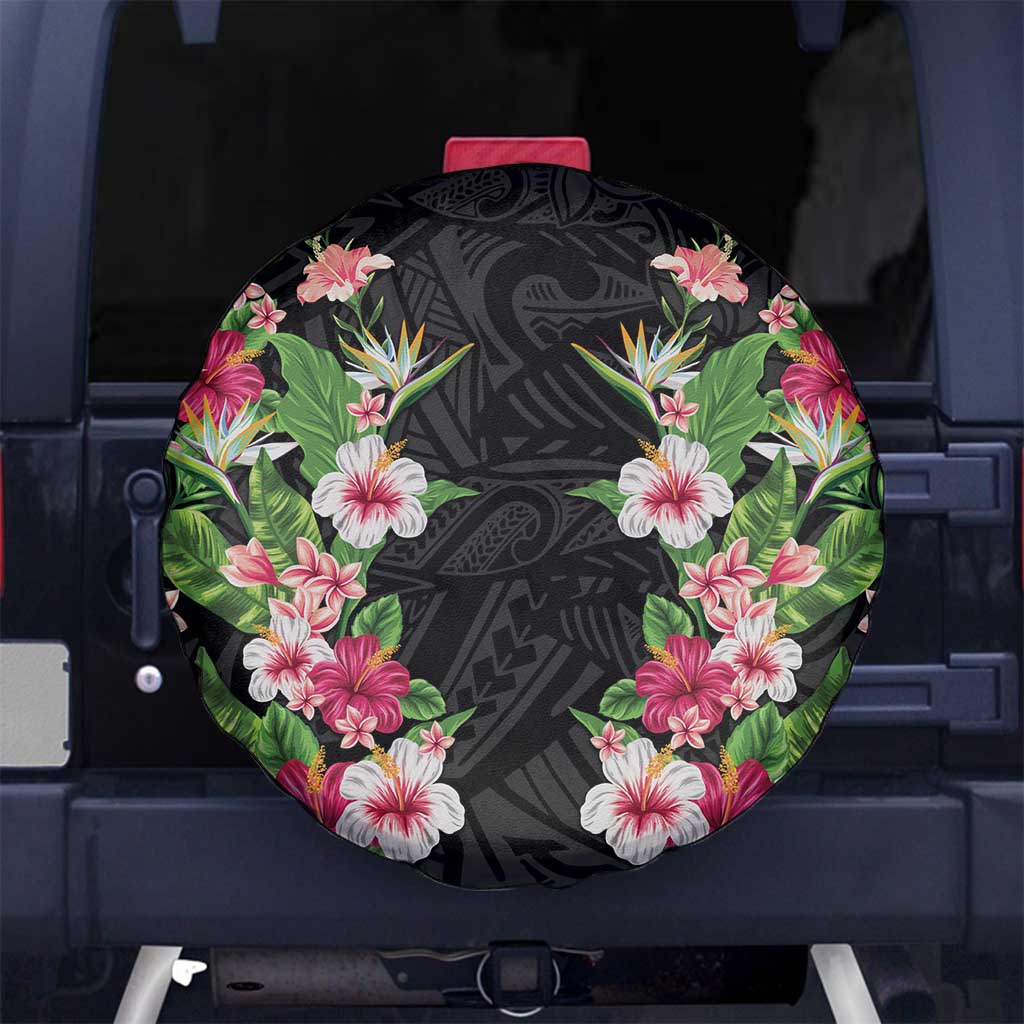 Hawaii Tropical Flowers Spare Tire Cover Black Polynesian Tattoo Art LT05 No hole Black - Polynesian Pride