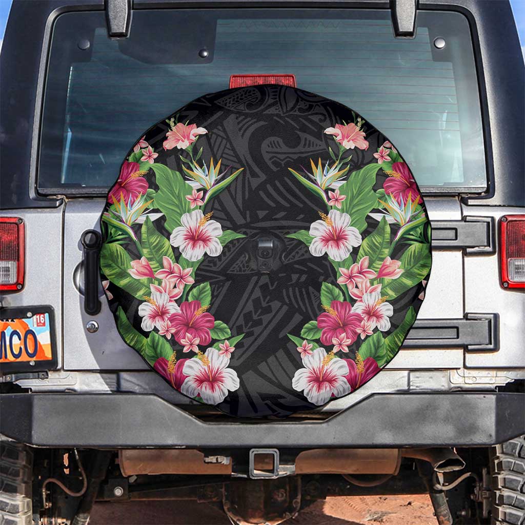 Hawaii Tropical Flowers Spare Tire Cover Black Polynesian Tattoo Art LT05 Black - Polynesian Pride