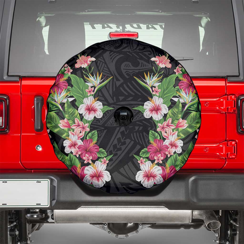 Hawaii Tropical Flowers Spare Tire Cover Black Polynesian Tattoo Art LT05 - Polynesian Pride