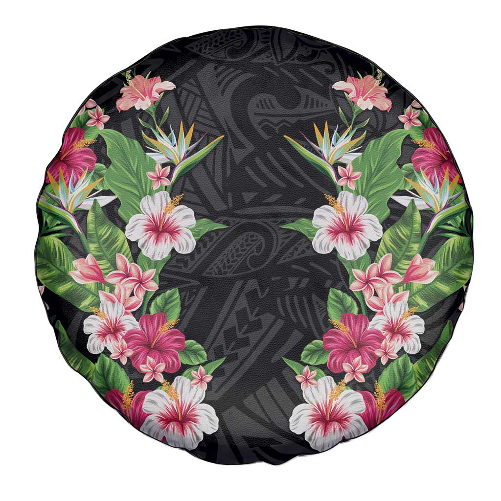 Hawaii Tropical Flowers Spare Tire Cover Black Polynesian Tattoo Art LT05 - Polynesian Pride