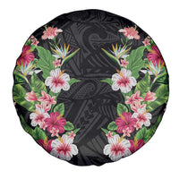Hawaii Tropical Flowers Spare Tire Cover Black Polynesian Tattoo Art LT05 - Polynesian Pride