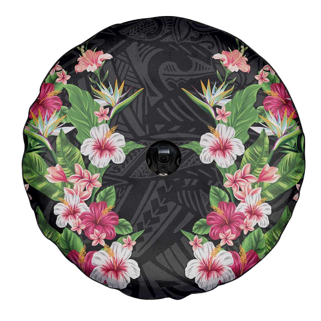 Hawaii Tropical Flowers Spare Tire Cover Black Polynesian Tattoo Art LT05 - Polynesian Pride