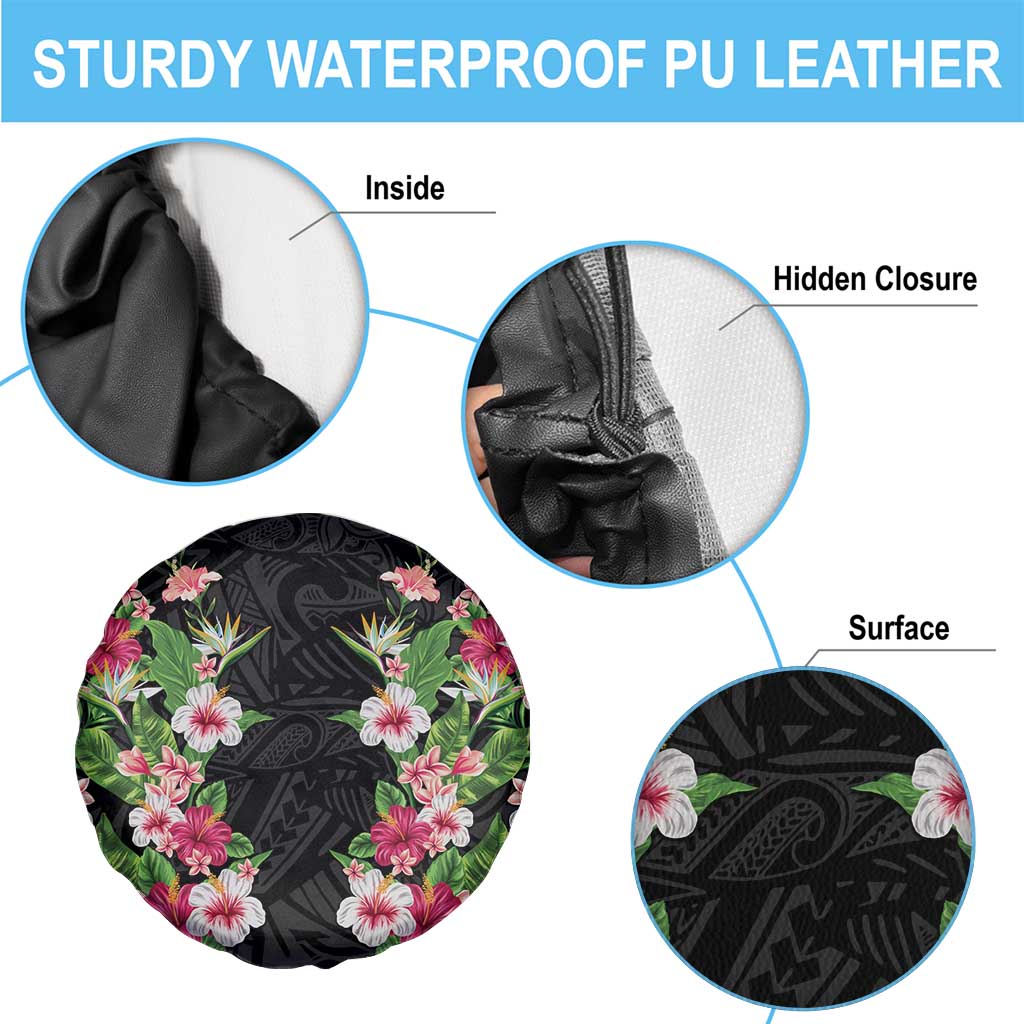 Hawaii Tropical Flowers Spare Tire Cover Black Polynesian Tattoo Art LT05 - Polynesian Pride