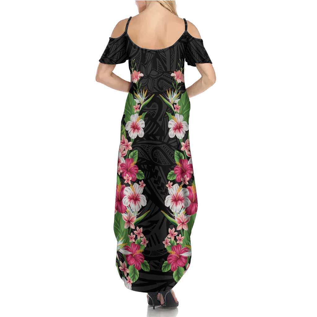 Hawaii Tropical Flowers Summer Maxi Dress Black Polynesian Tattoo Art