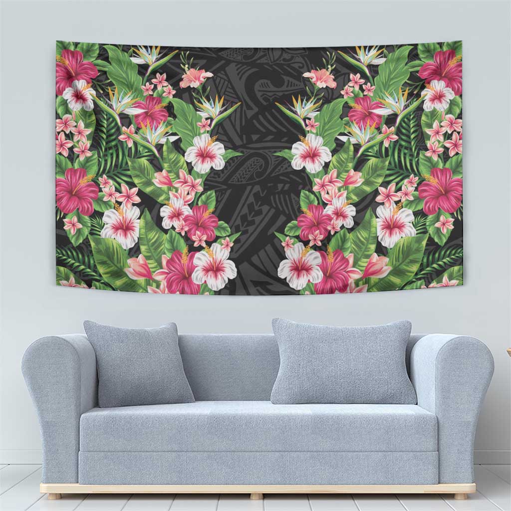 Hawaii Tropical Flowers Tapestry Black Polynesian Tattoo Art