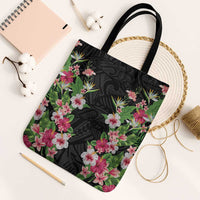 Hawaii Tropical Flowers Tote Bag Black Polynesian Tattoo Art