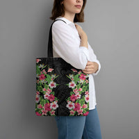 Hawaii Tropical Flowers Tote Bag Black Polynesian Tattoo Art