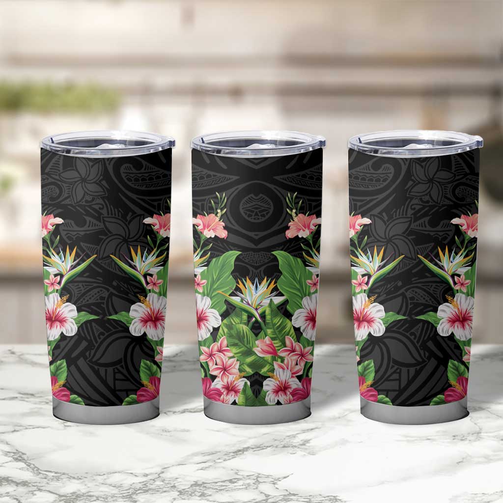 Hawaii Tropical Flowers Tumbler Cup Black Polynesian Tattoo Art