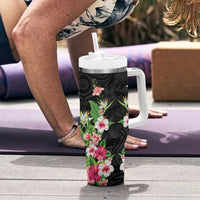 Hawaii Tropical Flowers Tumbler With Handle Black Polynesian Tattoo Art