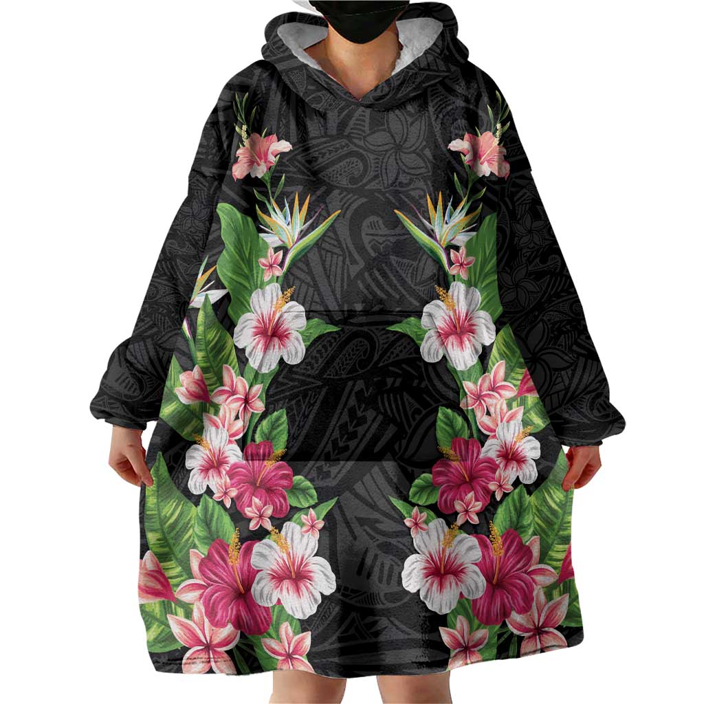 Hawaii Tropical Flowers Wearable Blanket Hoodie Black Polynesian Tattoo Art