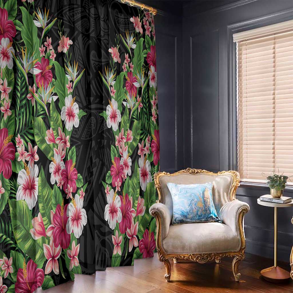 Hawaii Tropical Flowers Window Curtain Black Polynesian Tattoo Art