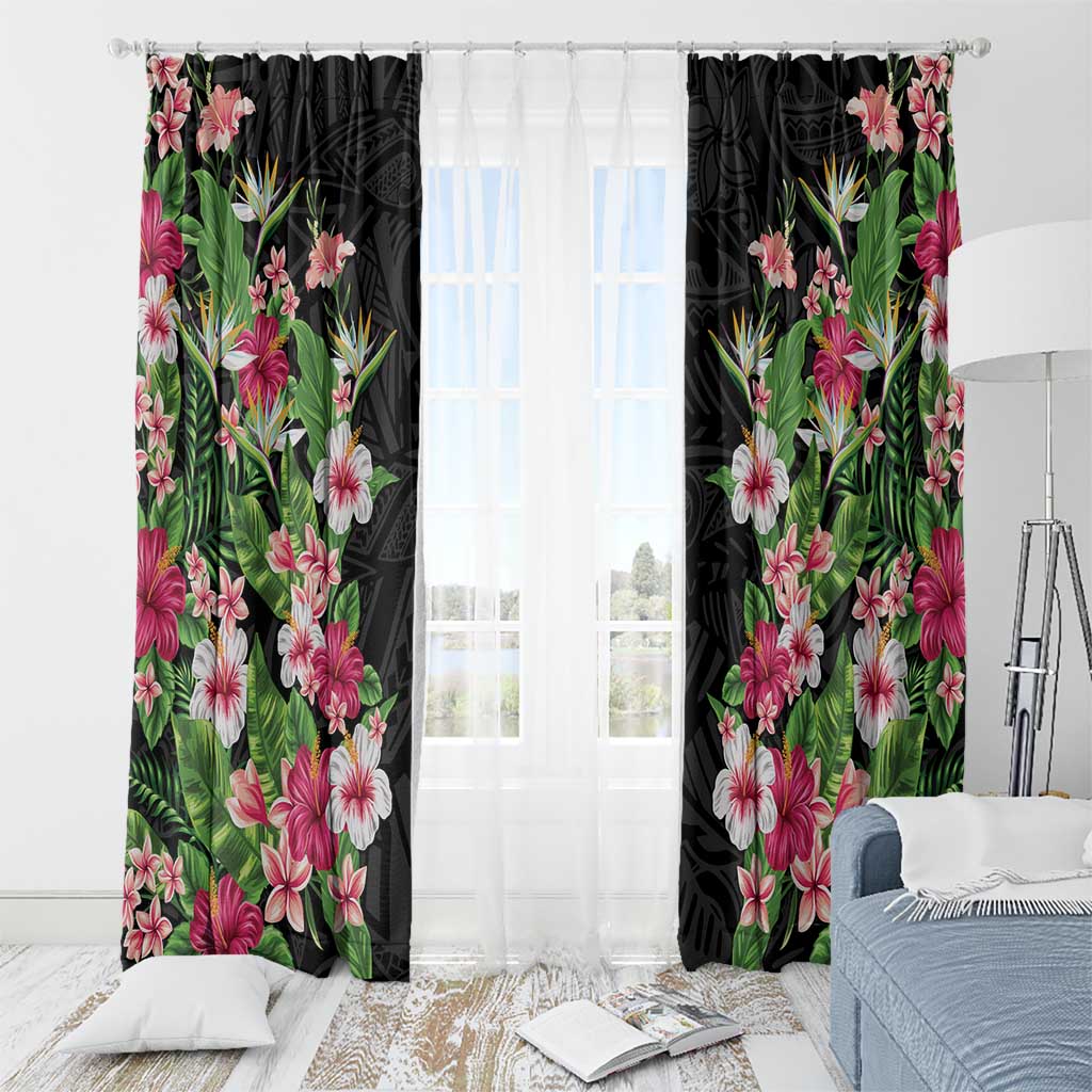 Hawaii Tropical Flowers Window Curtain Black Polynesian Tattoo Art