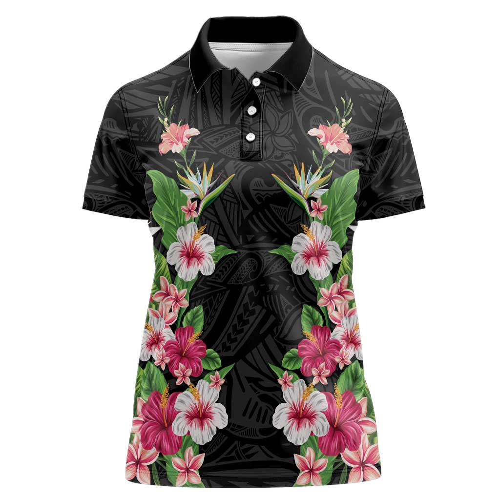 Hawaii Tropical Flowers Women Polo Shirt Black Polynesian Tattoo Art