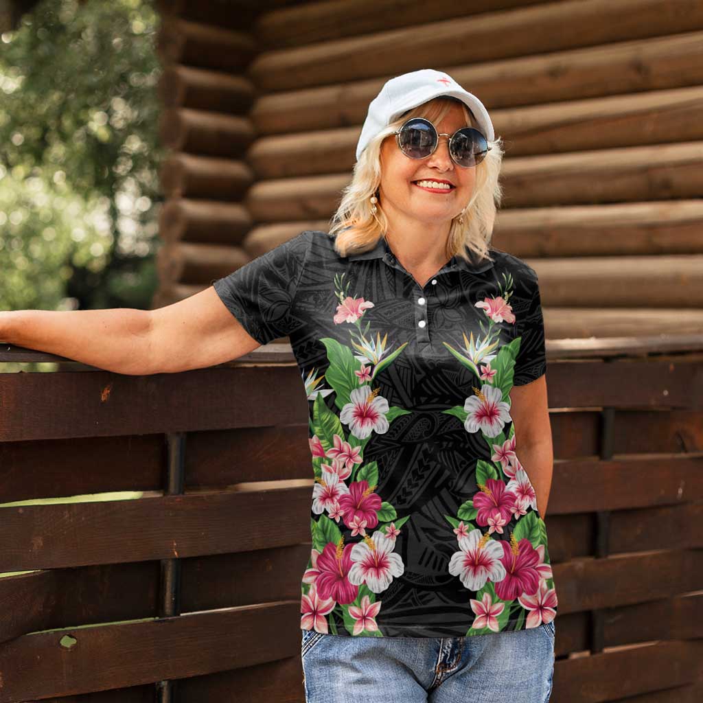 Hawaii Tropical Flowers Women Polo Shirt Black Polynesian Tattoo Art
