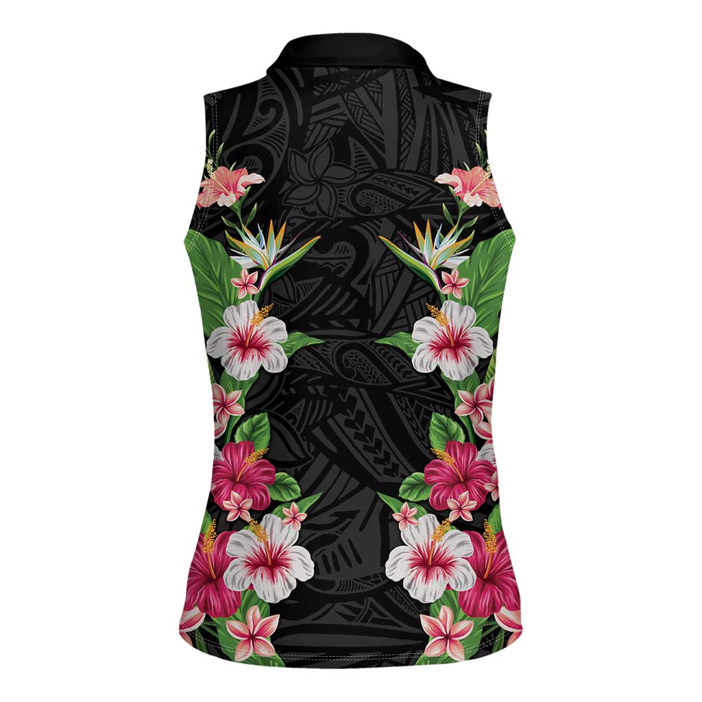 Hawaii Tropical Flowers Women Sleeveless Polo Shirt Black Polynesian Tattoo Art
