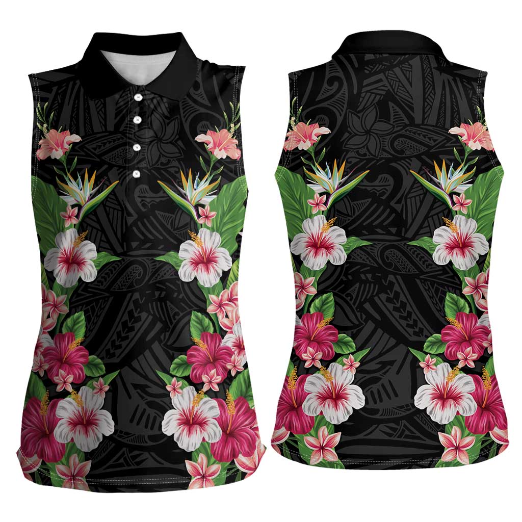 Hawaii Tropical Flowers Women Sleeveless Polo Shirt Black Polynesian Tattoo Art