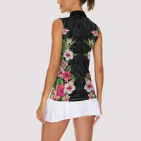 Hawaii Tropical Flowers Women Sleeveless Polo Shirt Black Polynesian Tattoo Art