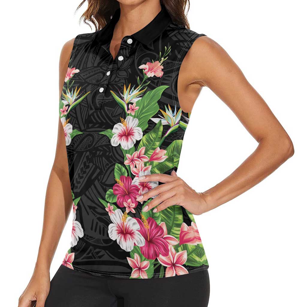 Hawaii Tropical Flowers Women Sleeveless Polo Shirt Black Polynesian Tattoo Art