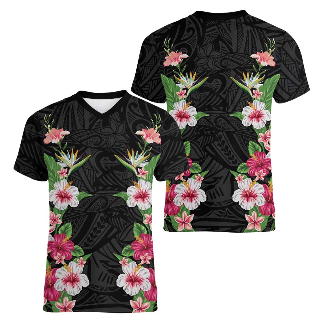 Hawaii Tropical Flowers Women V-Neck T-Shirt Black Polynesian Tattoo Art