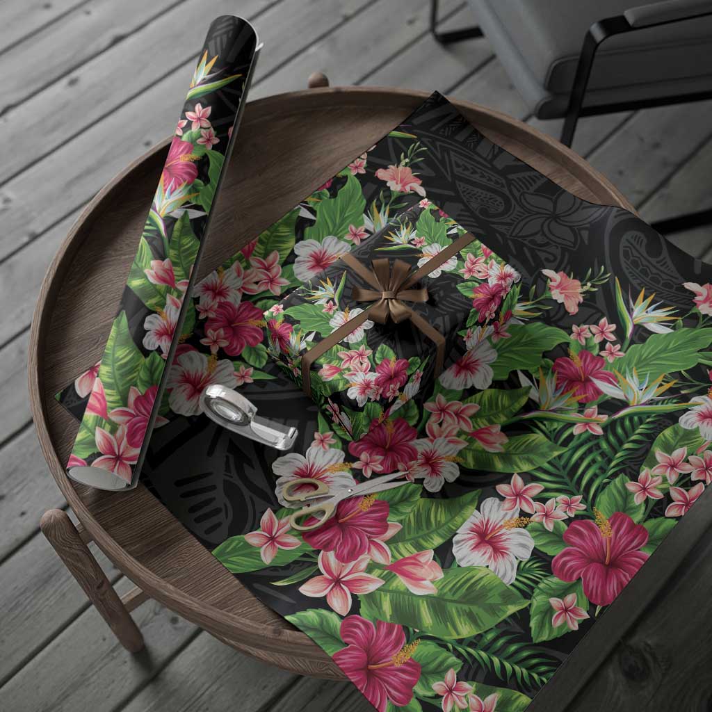Hawaii Tropical Flowers Wrapping Paper Black Polynesian Tattoo Art