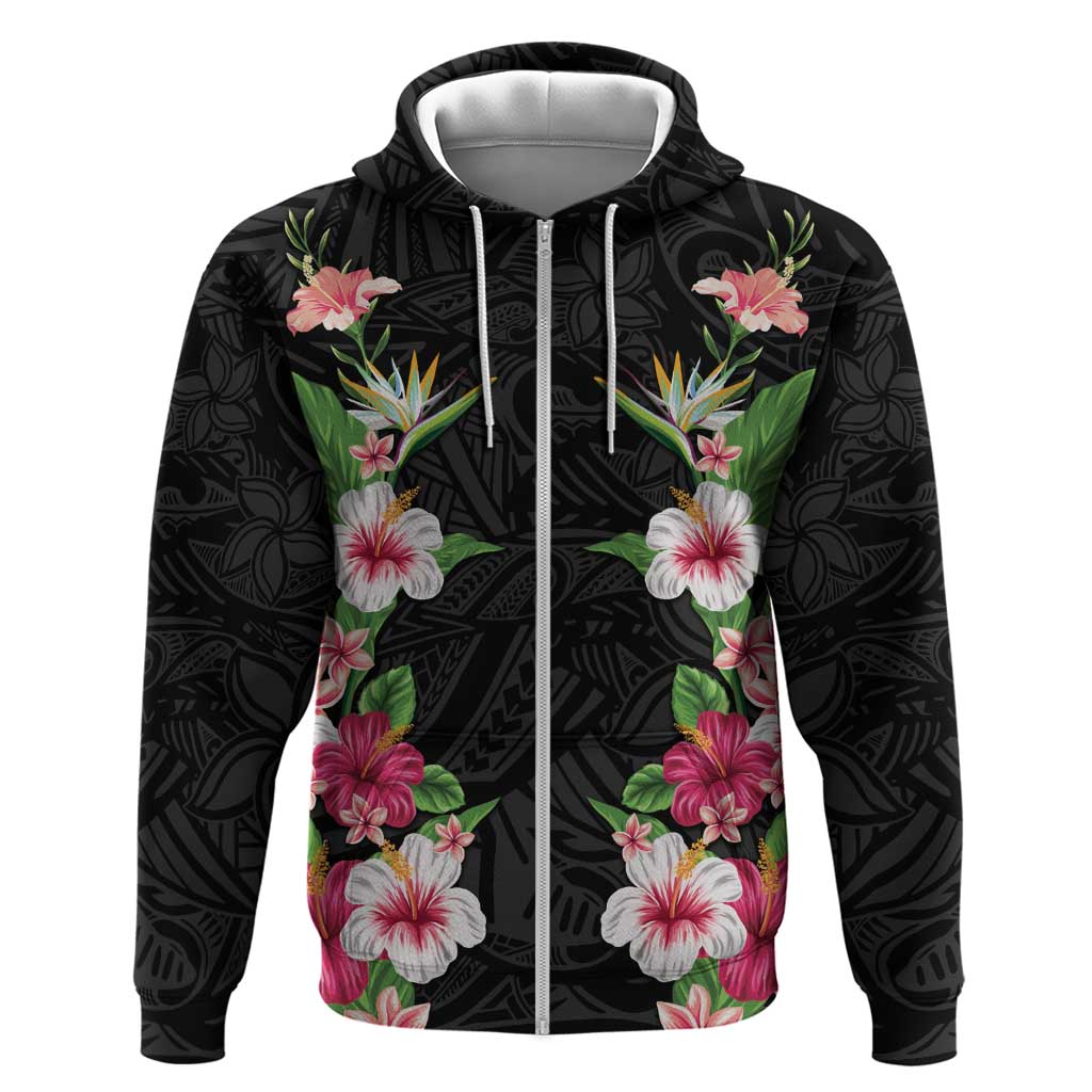 Hawaii Tropical Flowers Zip Hoodie Black Polynesian Tattoo Art LT05 Zip Hoodie Black - Polynesian Pride