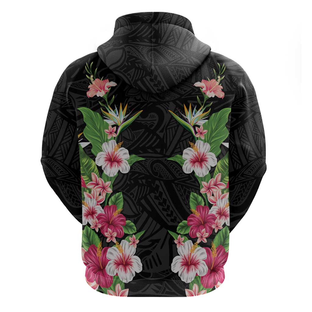 Hawaii Tropical Flowers Zip Hoodie Black Polynesian Tattoo Art LT05 - Polynesian Pride