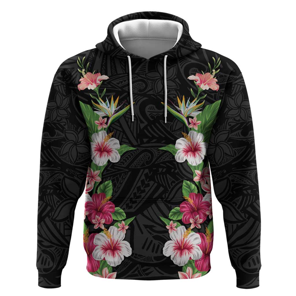 Hawaii Tropical Flowers Zip Hoodie Black Polynesian Tattoo Art LT05 Pullover Hoodie Black - Polynesian Pride