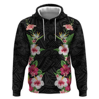 Hawaii Tropical Flowers Zip Hoodie Black Polynesian Tattoo Art LT05 Pullover Hoodie Black - Polynesian Pride