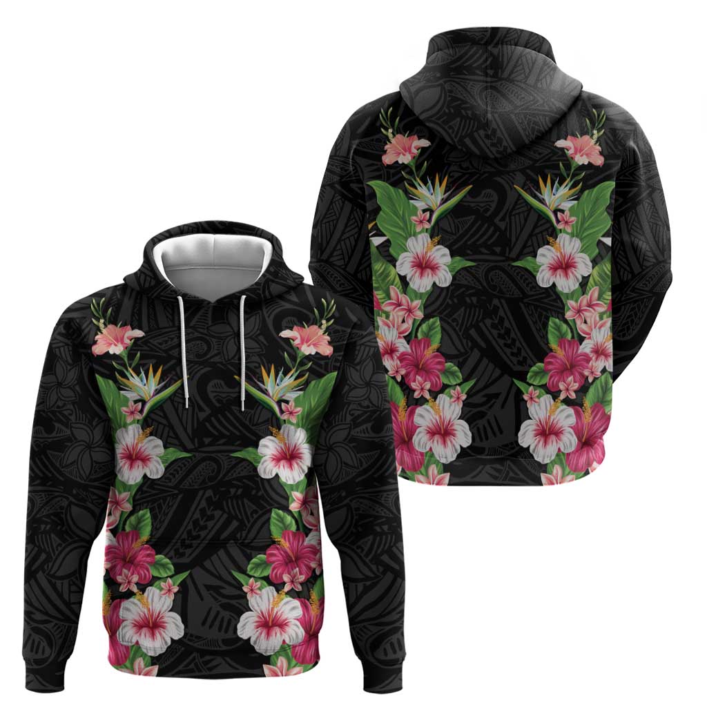 Hawaii Tropical Flowers Zip Hoodie Black Polynesian Tattoo Art LT05 - Polynesian Pride